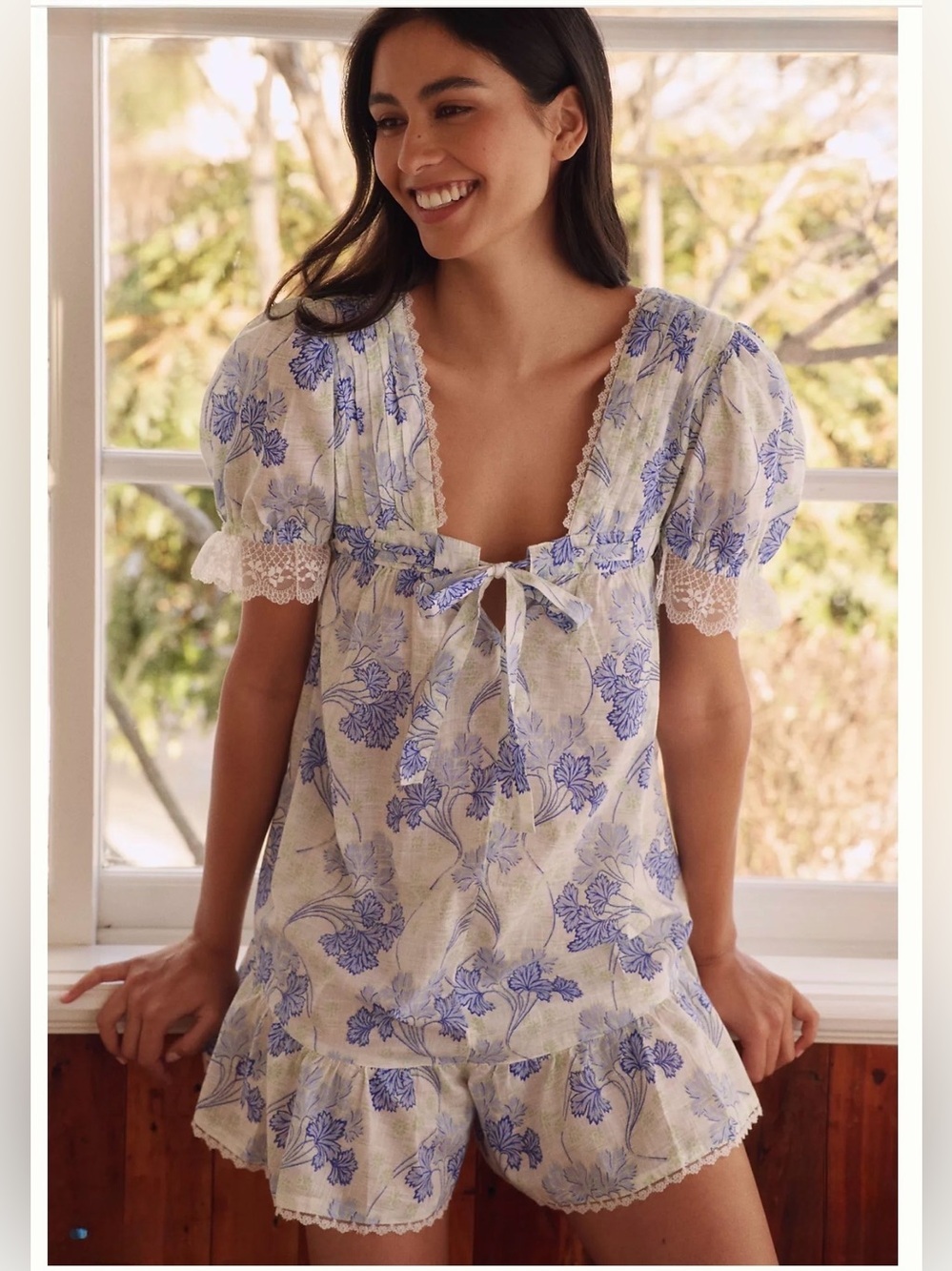 🌿Anthropologie LyreBird Blue Floral Puff Sleeve Romper NWT Size Small